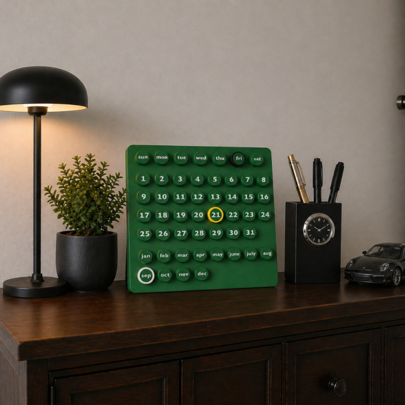3D printed modular desk calendar with green layout and movable date markers placed on a modern wooden console with lamp and decor