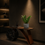 Grey 3D printed planter with textured spiral design on a modern console table in a moody interior
