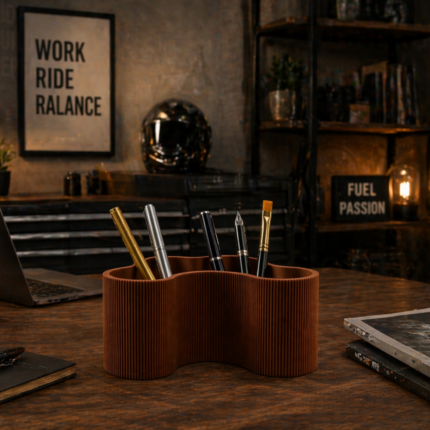Brown 3D printed pen holder with ribbed texture on a desk, holding pens and tools in a modern workspace setup