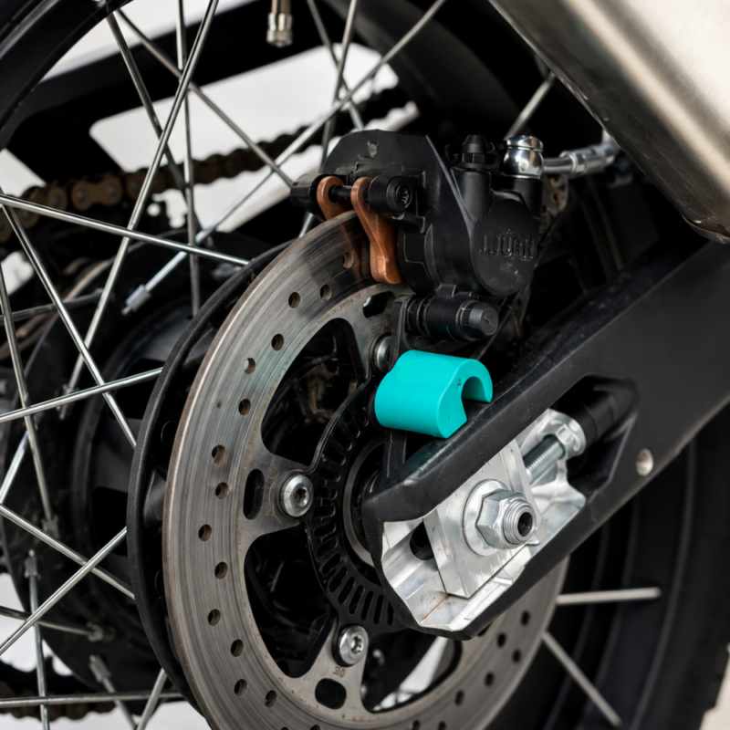 Close-up of the 3Dit CFMOTO 450MT rear ABS cover installed near the rear brake assembly and axle system.